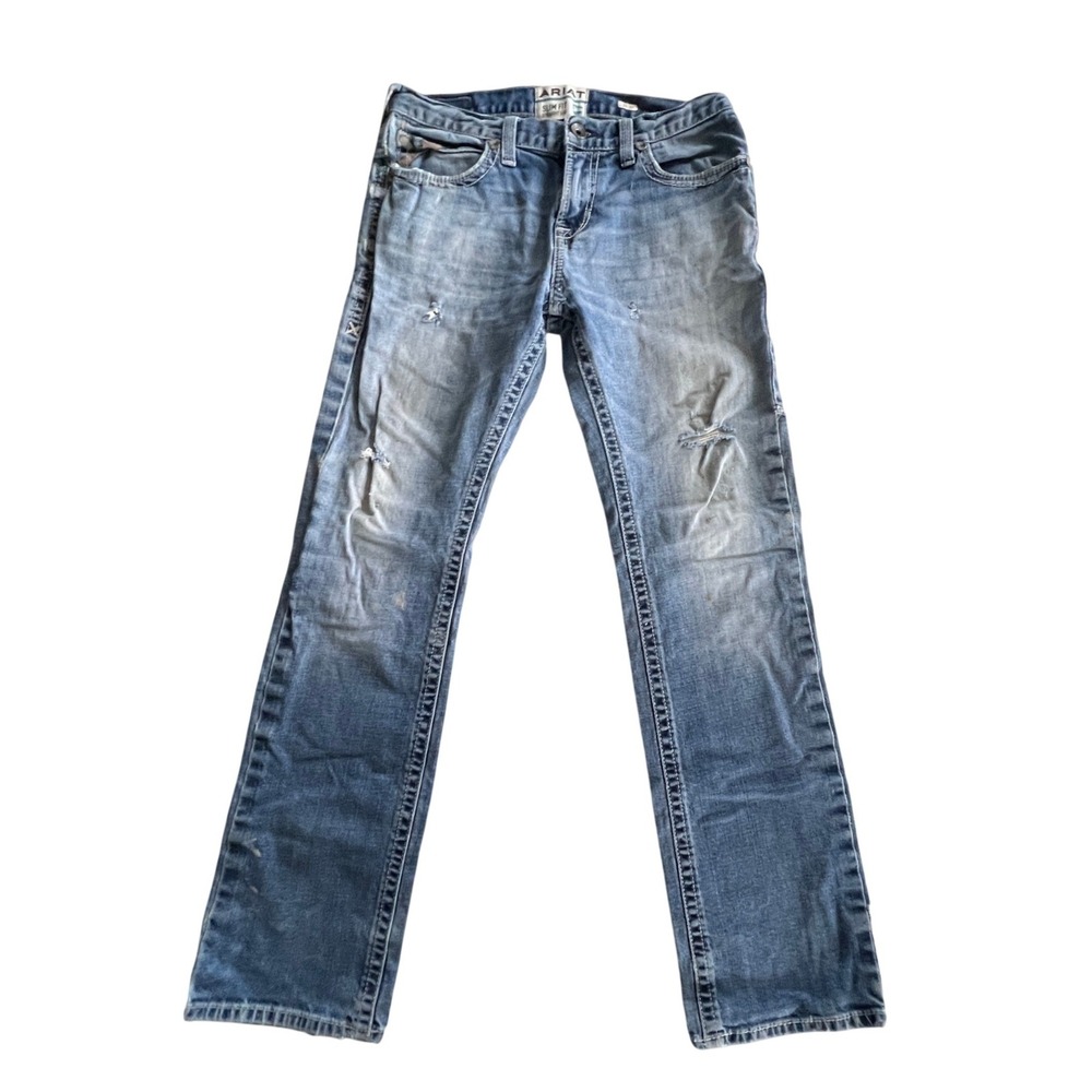 Ariat M7 Jeans Mens 33x34 Blue Slim Fit Straight Leg Distressed Western Denim